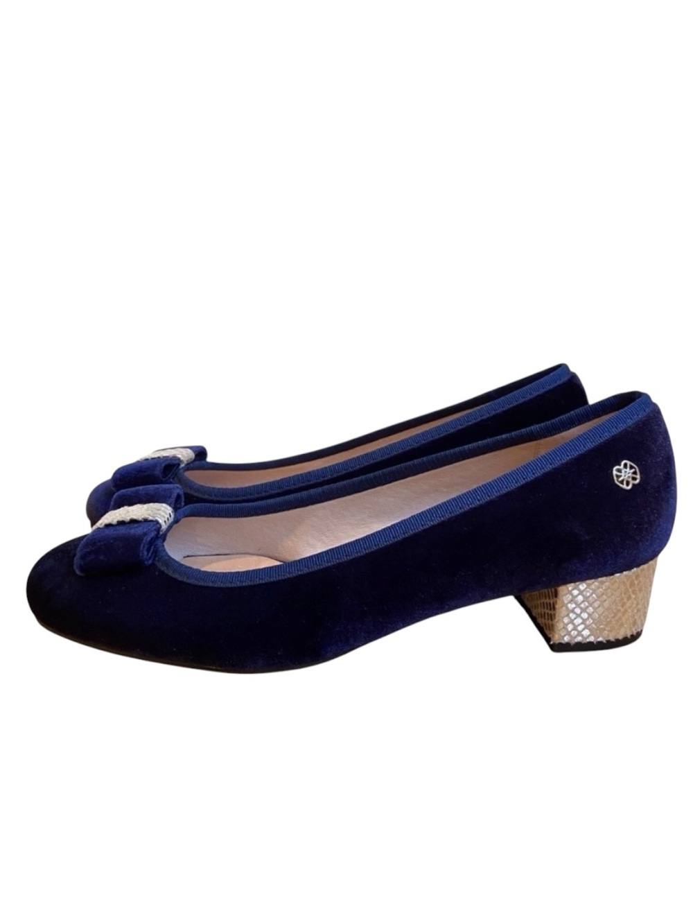 Cuplé Spain shoes dark blue velvet ballerina silver mirror chunky heels size 7